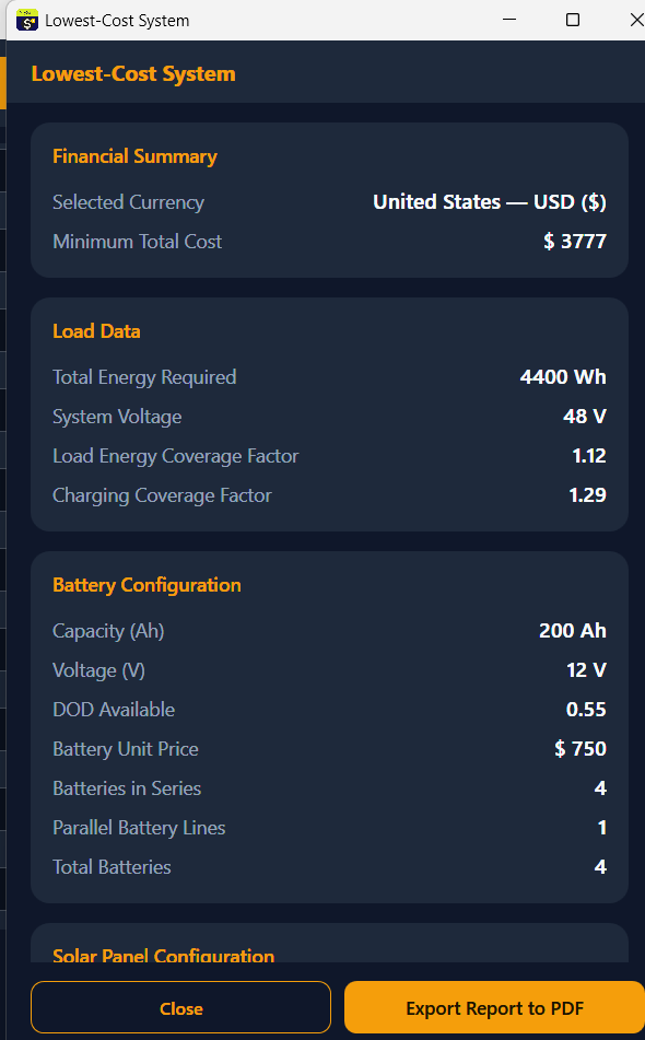 MySun lowest-cost system results in English