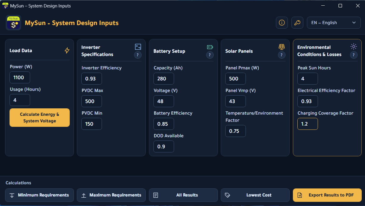 MySun system design inputs in English, showing load, inverter, battery, solar panel and environmental settings